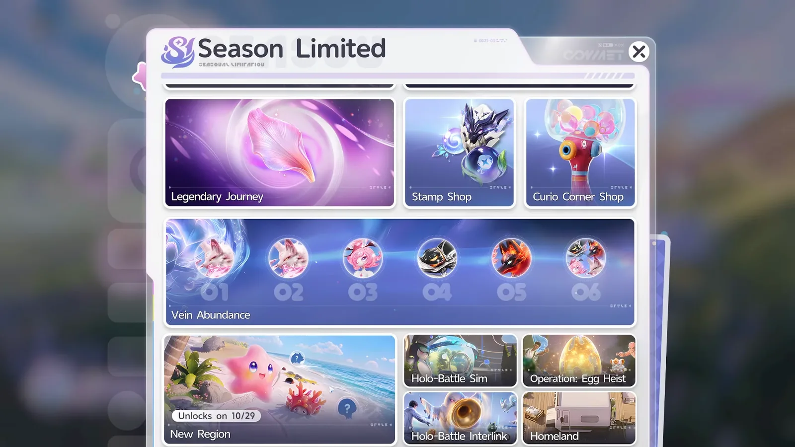 Aniimo’s Season Limited overview panel: Legendary Journey, Stamp Shop, Curio Corner Shop, the six Vein Abundance rotations, and a locked New Region tile reading Unlocks on 10/29