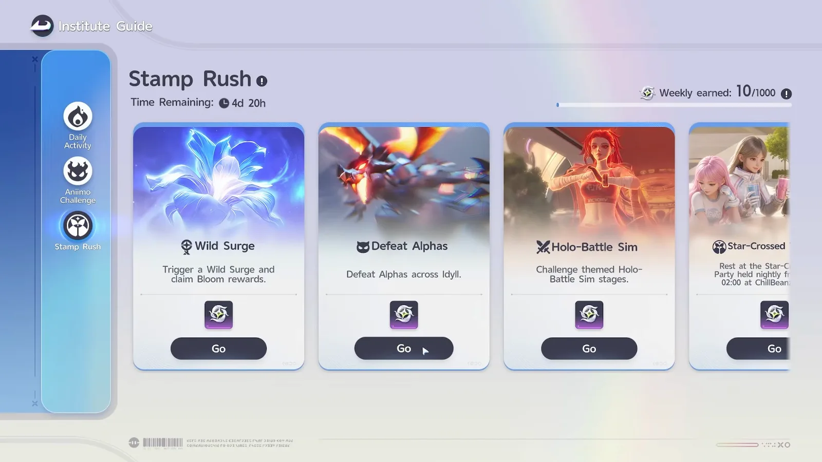 The Stamp Rush tab inside Aniimo’s Institute Guide: Wild Surge, Defeat Alphas, Holo-Battle Sim and Star-Crossed Tea Party cards with Weekly earned 10/1000 and 4d 20h remaining