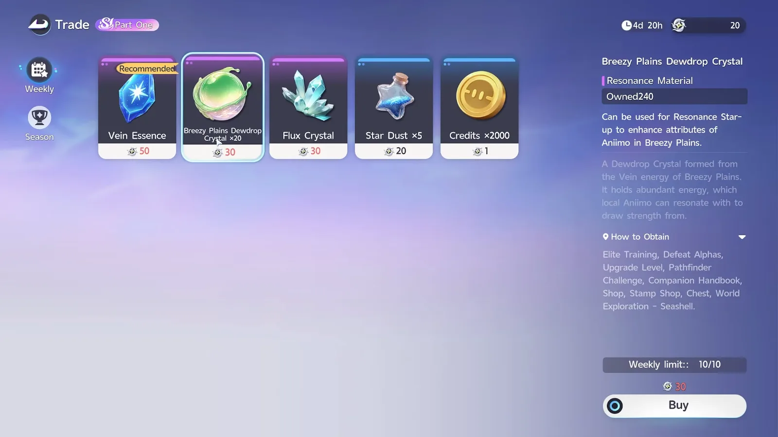 The Aniimo Stamp Shop weekly tab marked Part One: Vein Essence for 50 stamps, Breezy Plains Dewdrop Crystal x20 for 30, Flux Crystal for 30, Star Dust x5 for 20 and Credits x2000 for 1
