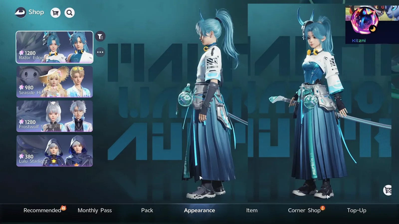 The Appearance tab of Aniimo’s shop listing Razor Edge at 1,280, Seaside Heartbud at 980, Frostwolf Spirit at 1,280 and Lulu Starlight at 380 Lumin Crystals, with Razor Edge modelled on both character styles