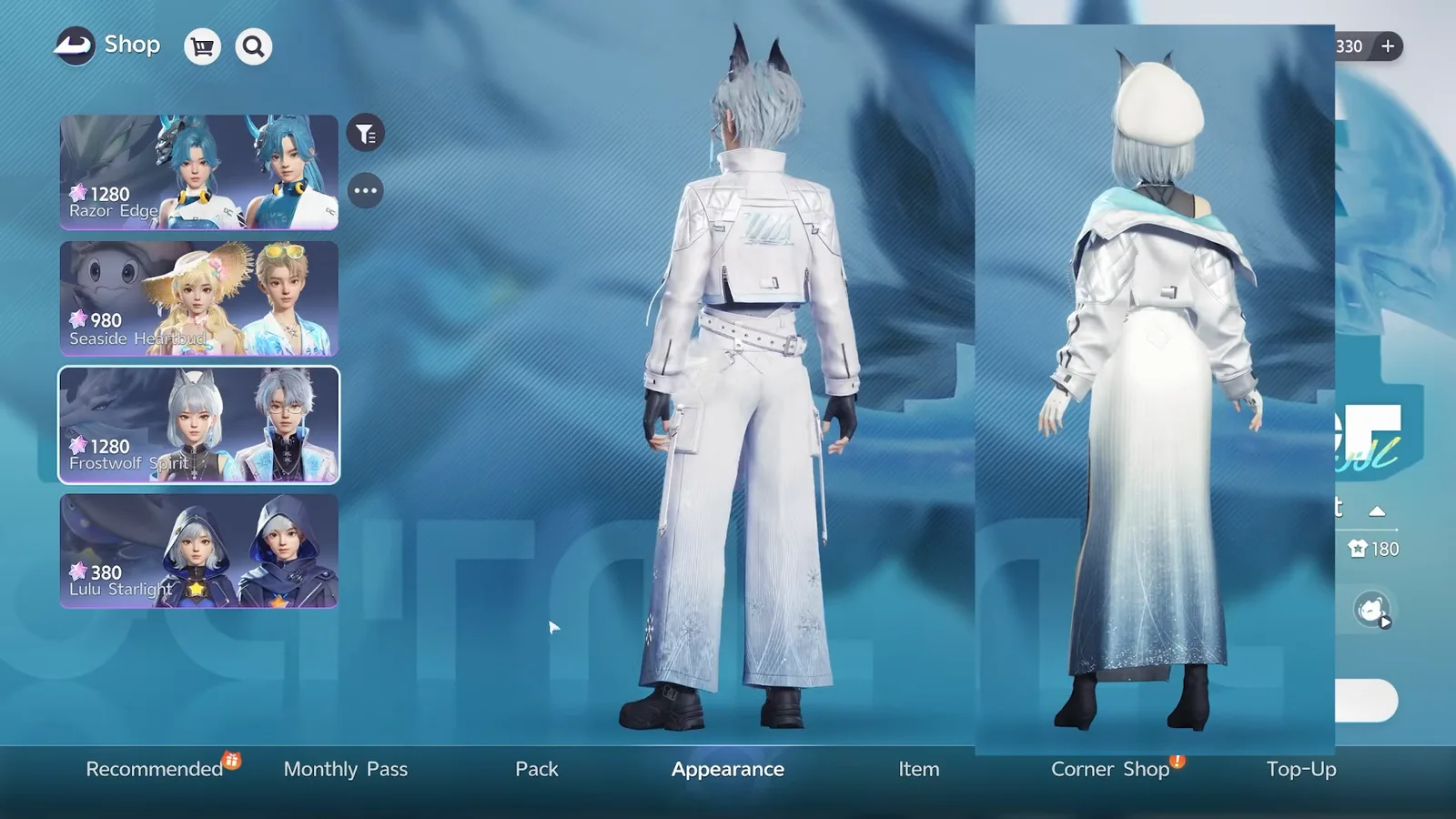 Frostwolf Spirit in Aniimo seen from behind on both character styles: a white cropped jacket over wide trousers, and a long white and blue gradient dress, beside the 1,280 Lumin Crystal price