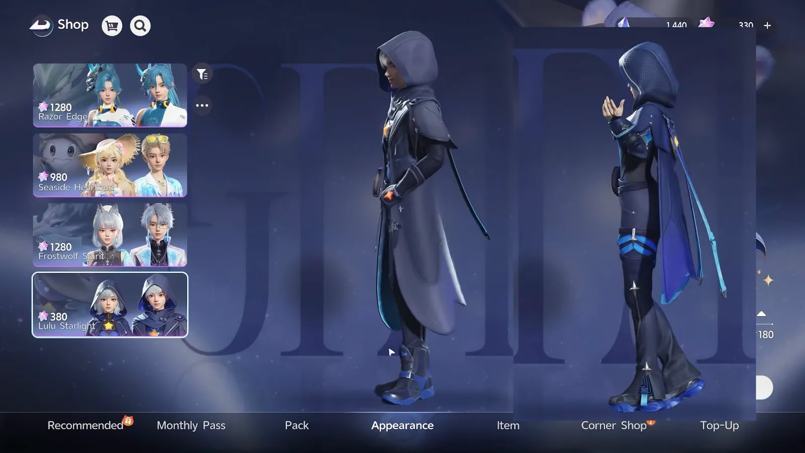Lulu Starlight in Aniimo on both character styles: a grey hooded cloak over dark trousers, and a blue star-marked cloak, in the shop preview beside the 380 Lumin Crystal price