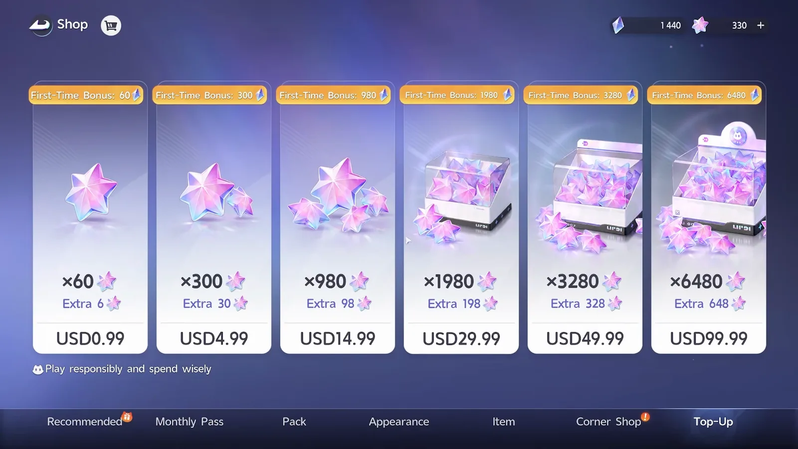Aniimo’s Top-Up tab with six Lumin Crystal packs: 60 for USD 0.99, 300 for 4.99, 980 for 14.99, 1,980 for 29.99, 3,280 for 49.99 and 6,480 for 99.99, each with a 10% extra and a first-time bonus