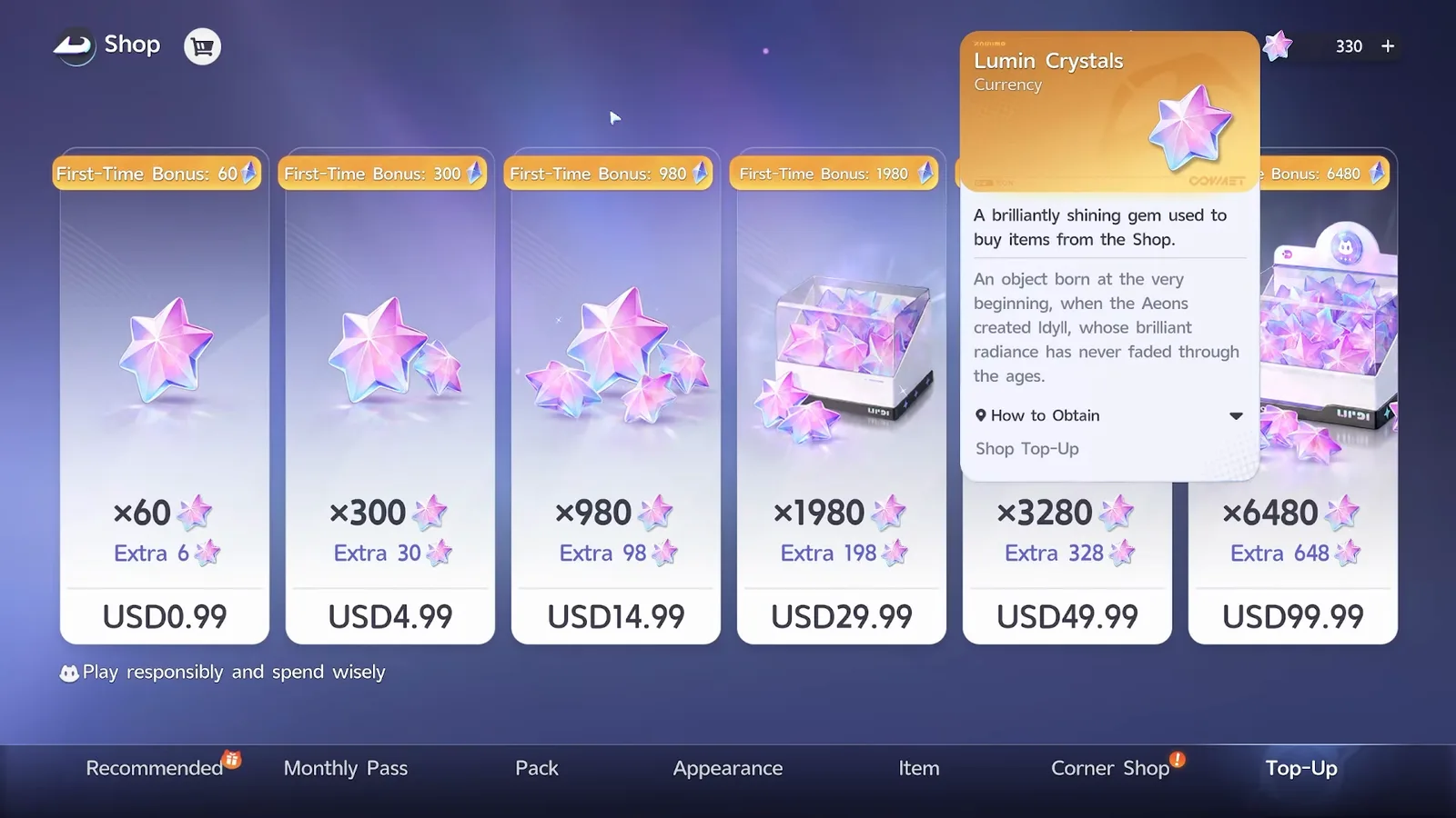 The Lumin Crystals tooltip in Aniimo: a brilliantly shining gem used to buy items from the Shop, obtained from Shop Top-Up