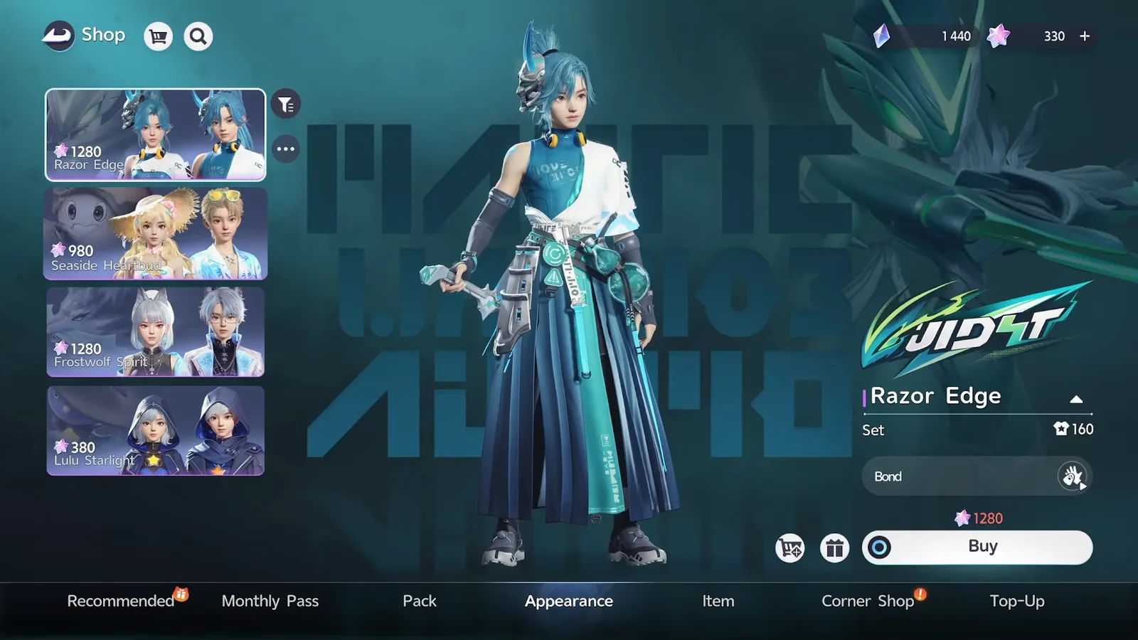 Razor Edge on the Aniimo shop buy screen at 1,280 Lumin Crystals, with a style value of 160 listed beside the word Set