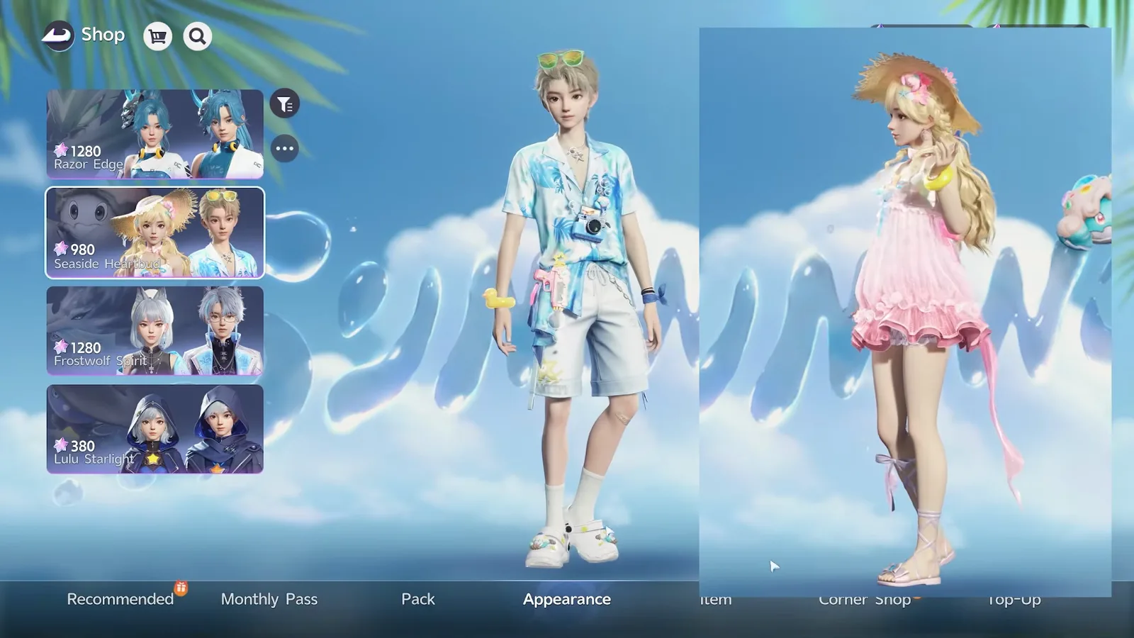 Seaside Heartbud in Aniimo shown on both character styles: a blue print shirt with shorts and a camera on one, a pink ruffled dress with a straw hat on the other