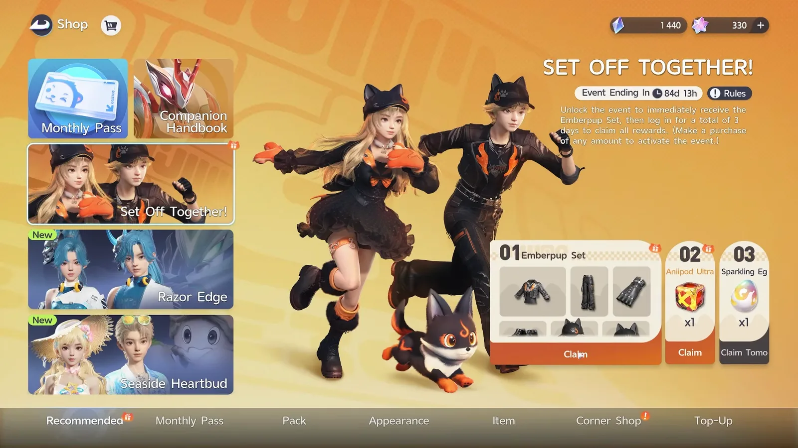 Aniimo’s Set Off Together shop event: the Emberpup Set, an Aniipod Ultra and a Sparkling Egg, above rules text saying a purchase of any amount activates the event