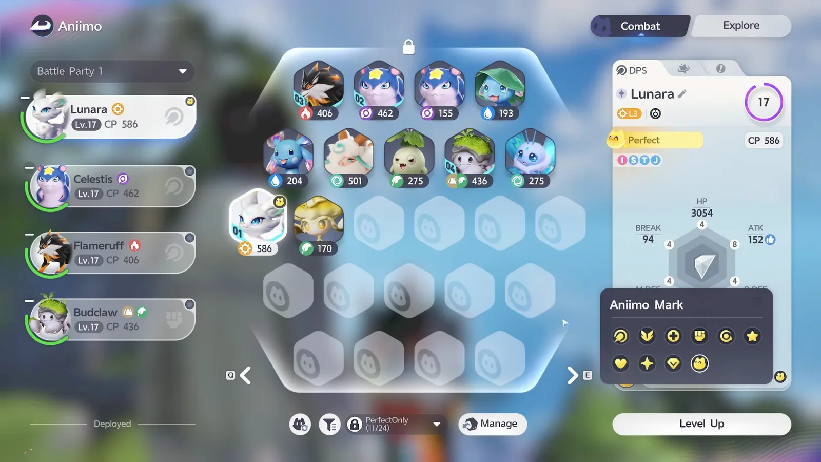 The Aniimo Mark palette open on a Perfect Lunara, showing ten mark icons in two rows
