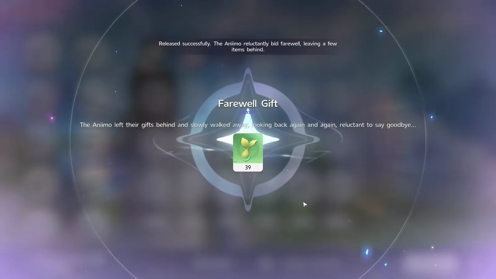 The Farewell Gift screen after releasing 13 Aniimo, awarding 39 Growth Buds