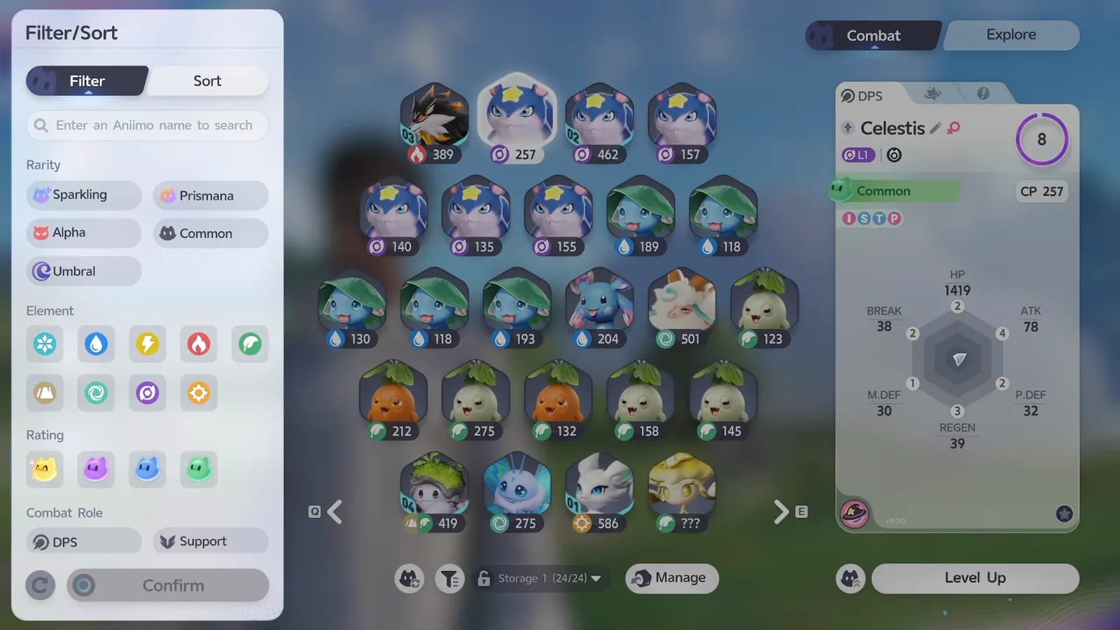 The Filter/Sort panel in Aniimo Management showing the Rarity, Element, Rating and Combat Role filter groups