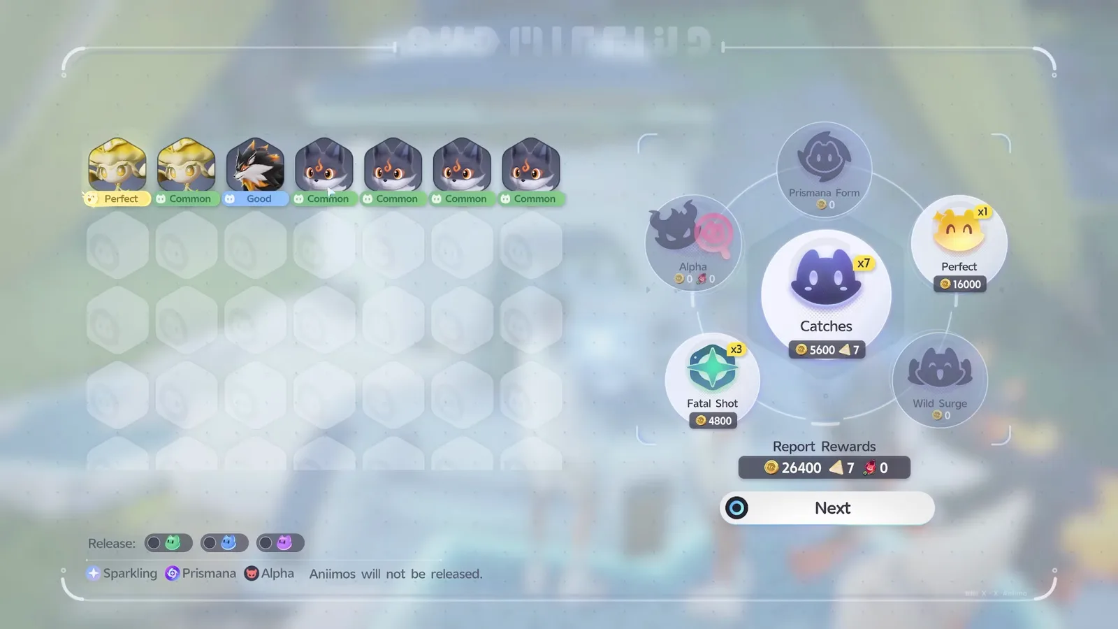 The Research Console report screen with the Release row of three toggles and the line reading Sparkling, Prismana, Alpha Aniimos will not be released
