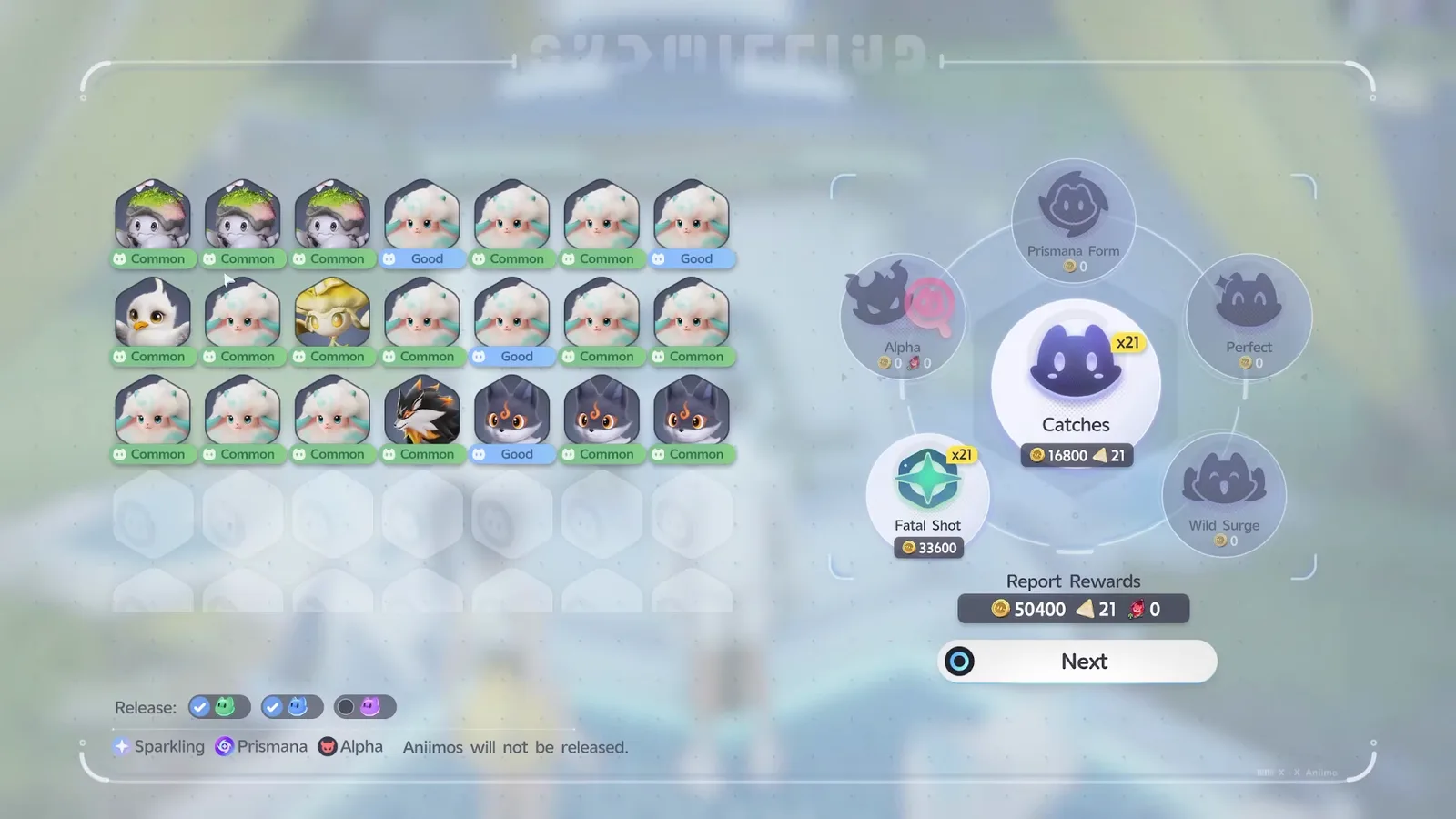 The Aniimo catch report screen showing 21 catches tagged Common and Good, with the Release toggles and the Sparkling, Prismana and Alpha exemption line