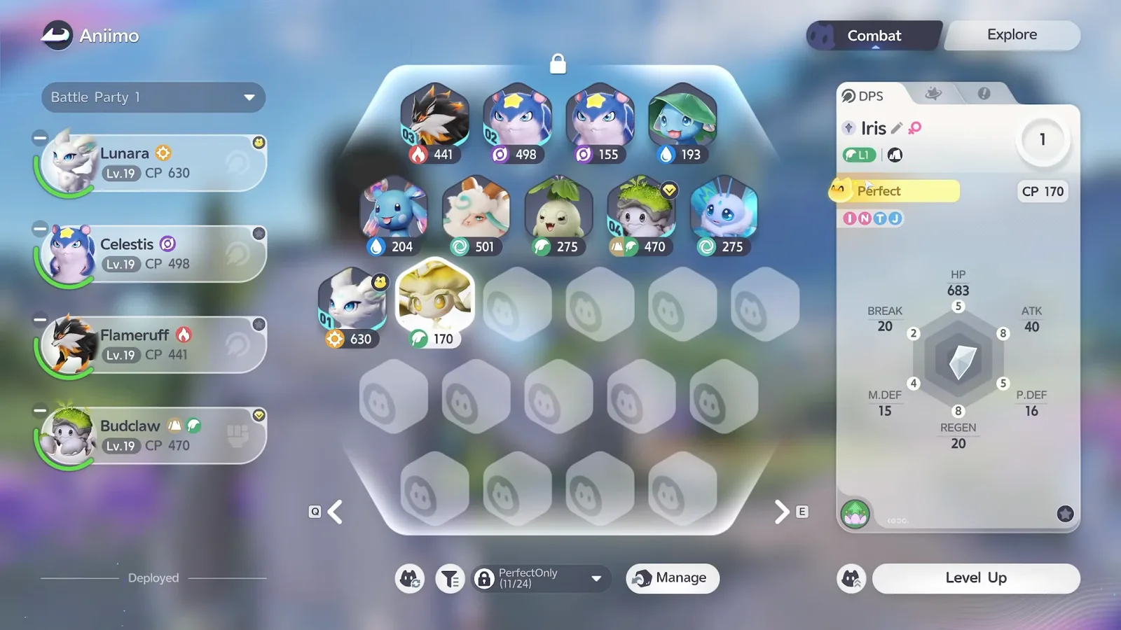 A Perfect-rated Iris in Aniimo Management, showing the INTJ personality badges and the six-stat Potential hexagon