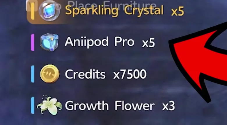 An Aniimo chest reward list reading Sparkling Crystal x5, Aniipod Pro x5, Credits x7500 and Growth Flower x3