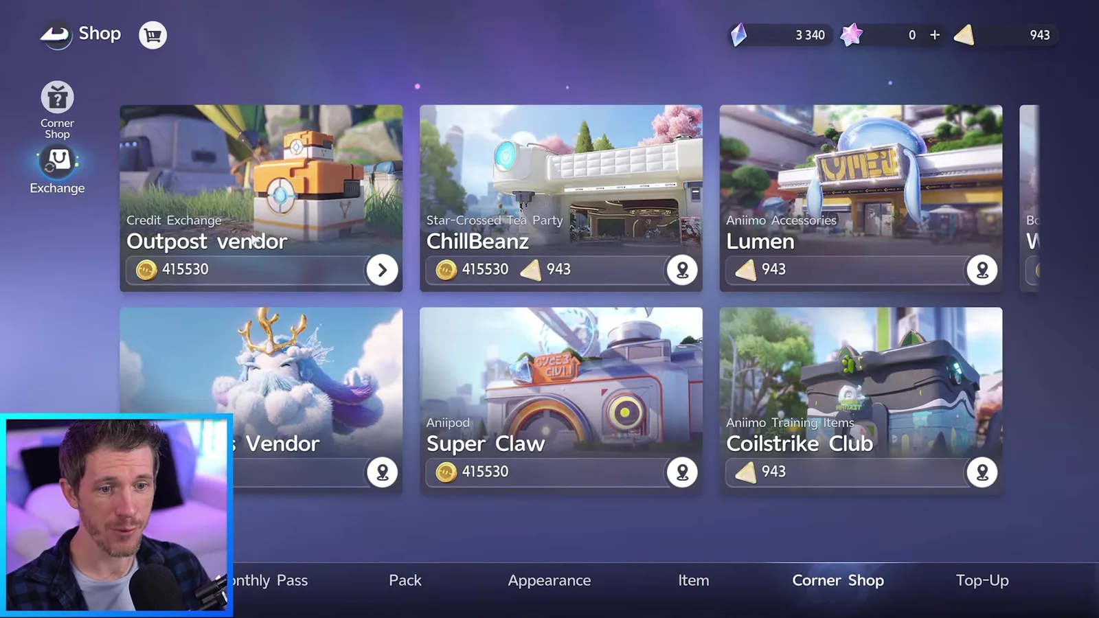 The Aniimo Corner Shop Exchange screen listing six vendors: Outpost vendor under Credit Exchange, ChillBeanz, Lumen, Mysterious Vendor, Super Claw under Aniipod and Coilstrike Club