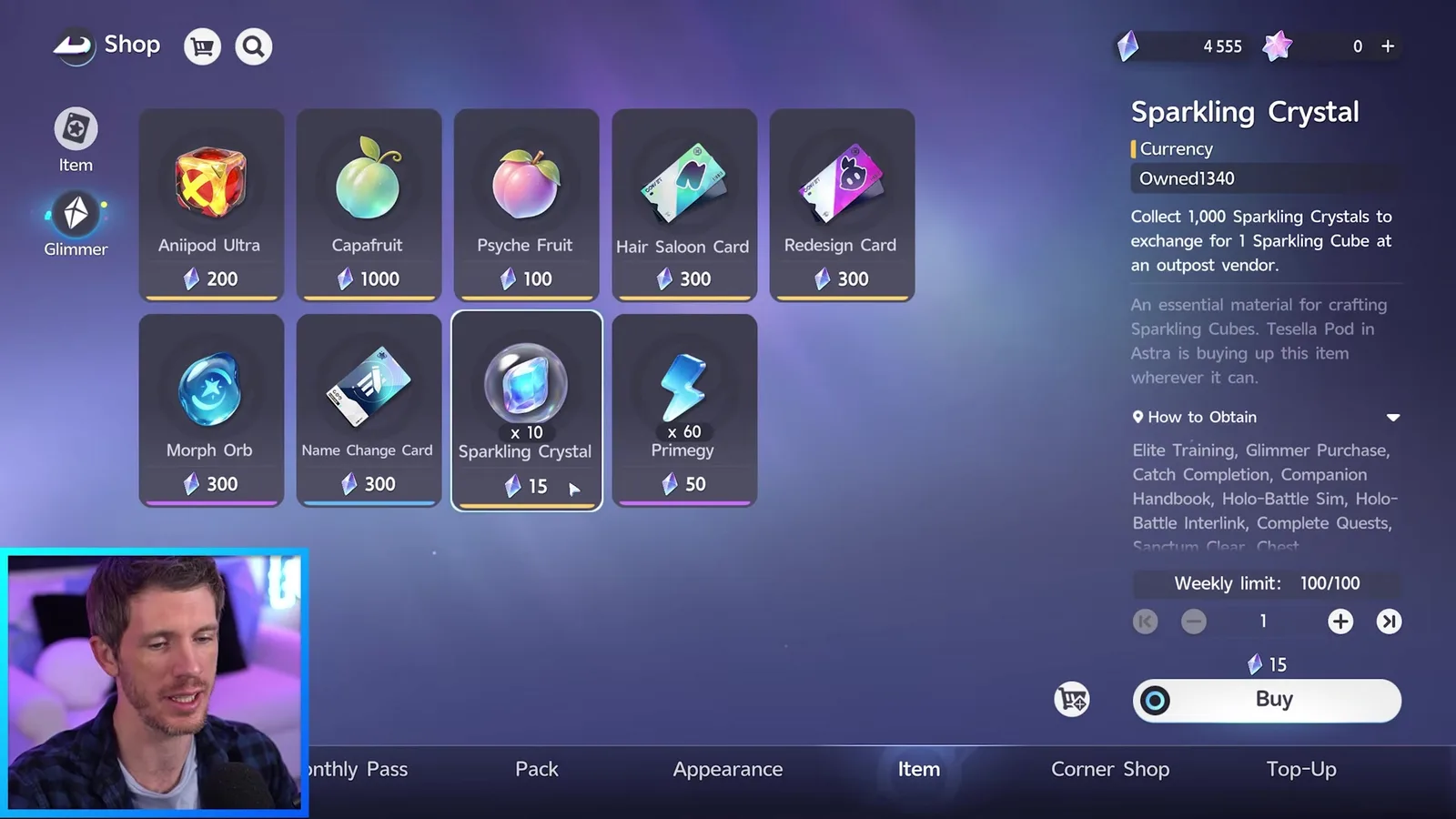 The Aniimo Glimmer shop with Aniipod Ultra at 200, Capafruit 1000, Psyche Fruit 100 and a Sparkling Crystal x10 tile at 15 Glimmer with a weekly limit of 100