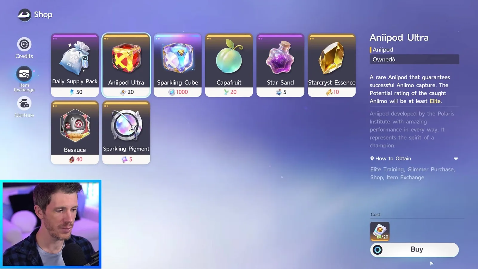 The Aniimo Item Exchange at the outpost vendor with Daily Supply Pack 50, Aniipod Ultra 20, Sparkling Cube 1000, Capafruit 20, Star Sand 5 and Starcryst Essence 10