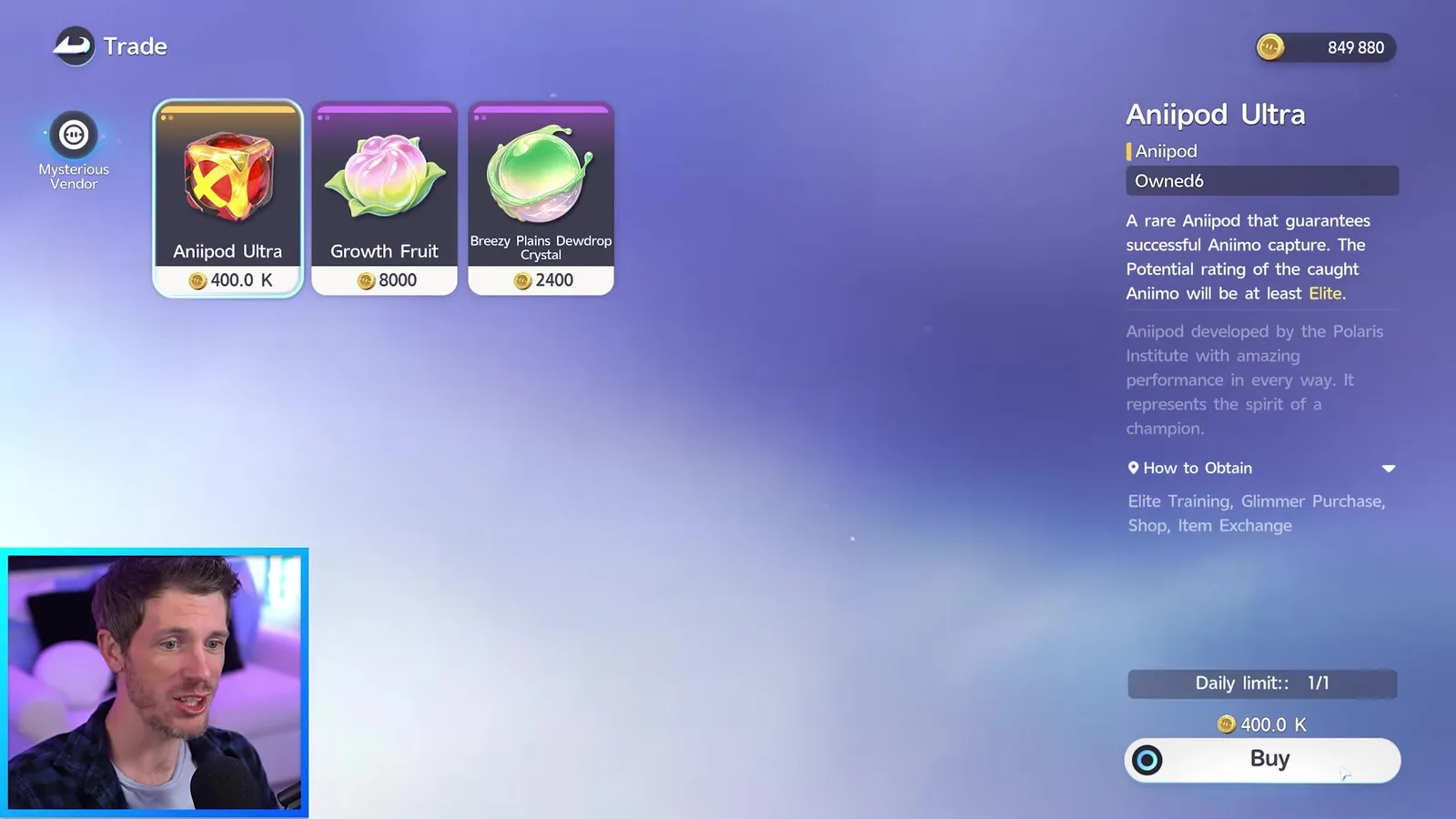 The Aniimo Mysterious Vendor trade screen with an Aniipod Ultra for 400.0 K Credits, Growth Fruit 8000 and Breezy Plains Dewdrop Crystal 2400, with a daily limit of one