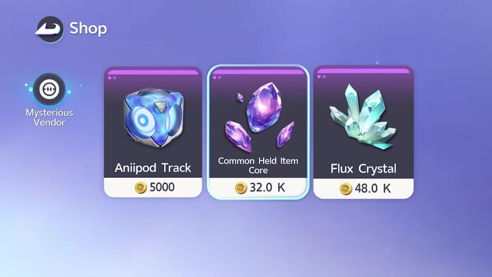 The Aniimo Mysterious Vendor shop with three cards: Aniipod Track at 5000 Credits, Common Held Item Core at 32.0 K and Flux Crystal at 48.0 K