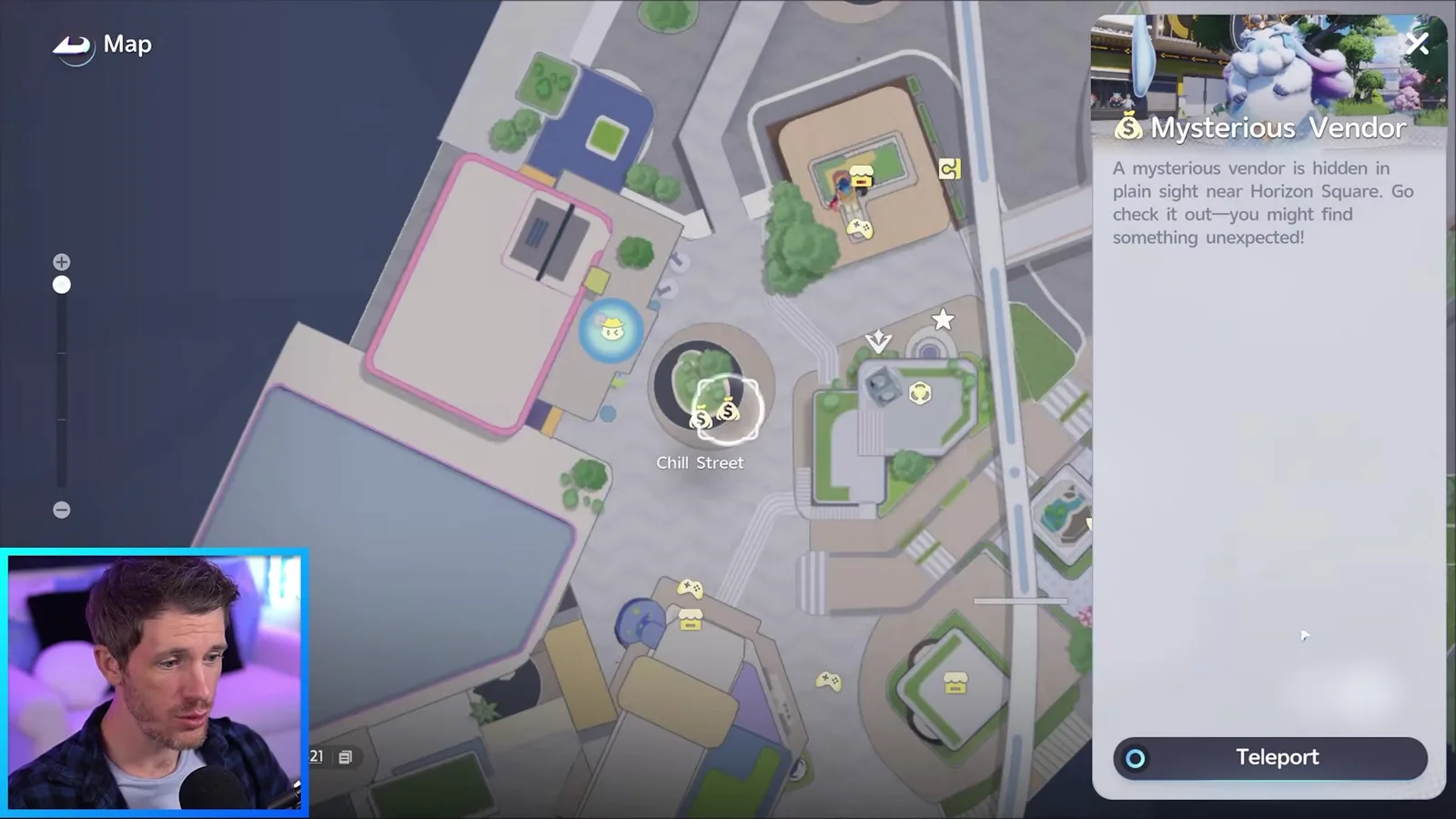 The Aniimo Astra map with the Mysterious Vendor marker selected and its card reading A mysterious vendor is hidden in plain sight near Horizon Square