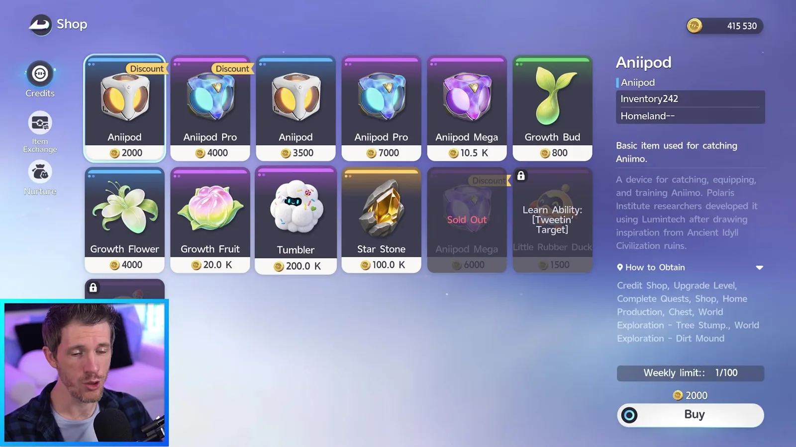 The Aniimo outpost vendor Credits shop showing discounted Aniipod at 2000 and Aniipod Pro at 4000 beside full price Aniipod 3500, Aniipod Pro 7000, Aniipod Mega 10.5K and a 200.0K Tumbler