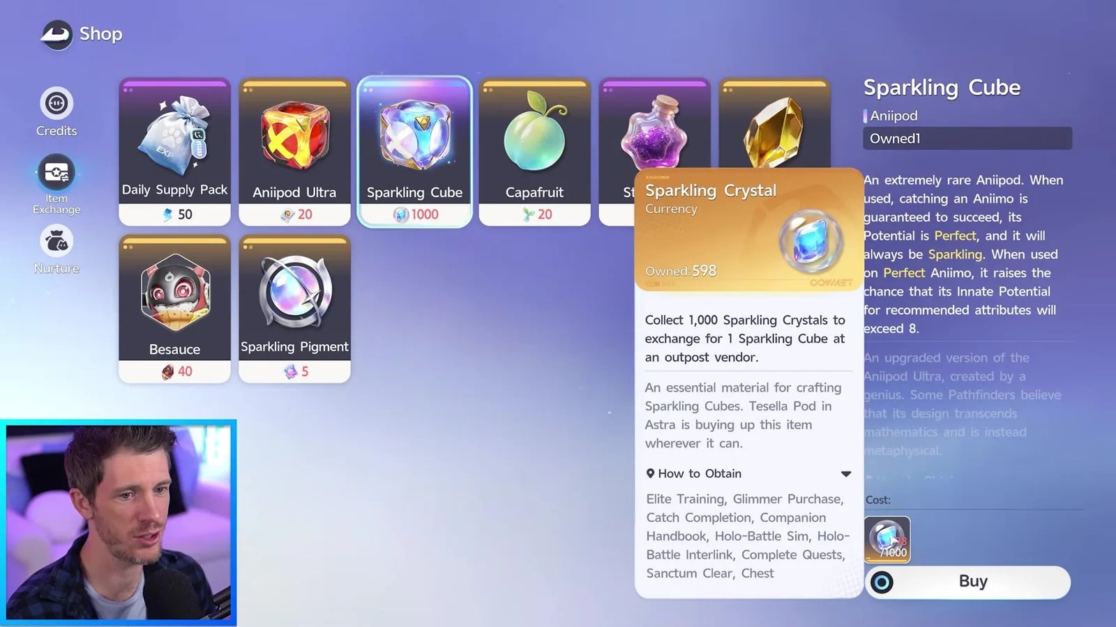 The Aniimo Item Exchange with Sparkling Cube priced at 1000 and a Sparkling Crystal tooltip reading Collect 1,000 Sparkling Crystals to exchange for 1 Sparkling Cube at an outpost vendor