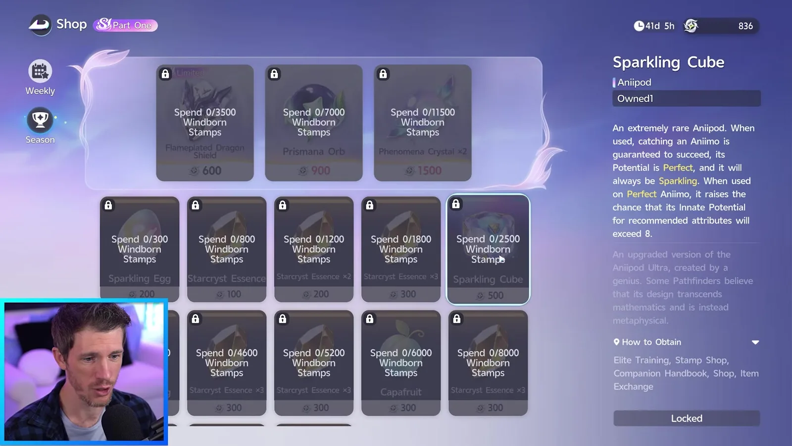 The Aniimo Stamp Shop Season tab with locked tiles reading Spend 0/300 to 0/11500 Windborn Stamps, the Sparkling Cube tile at 500 behind a 2500 stamp gate