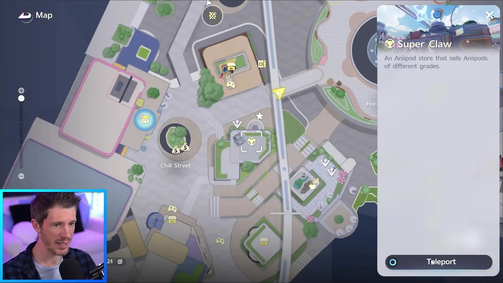 The Aniimo city map of Astra with the Super Claw marker selected, its card reading An Aniipod store that sells Aniipods of different grades, and a Teleport button