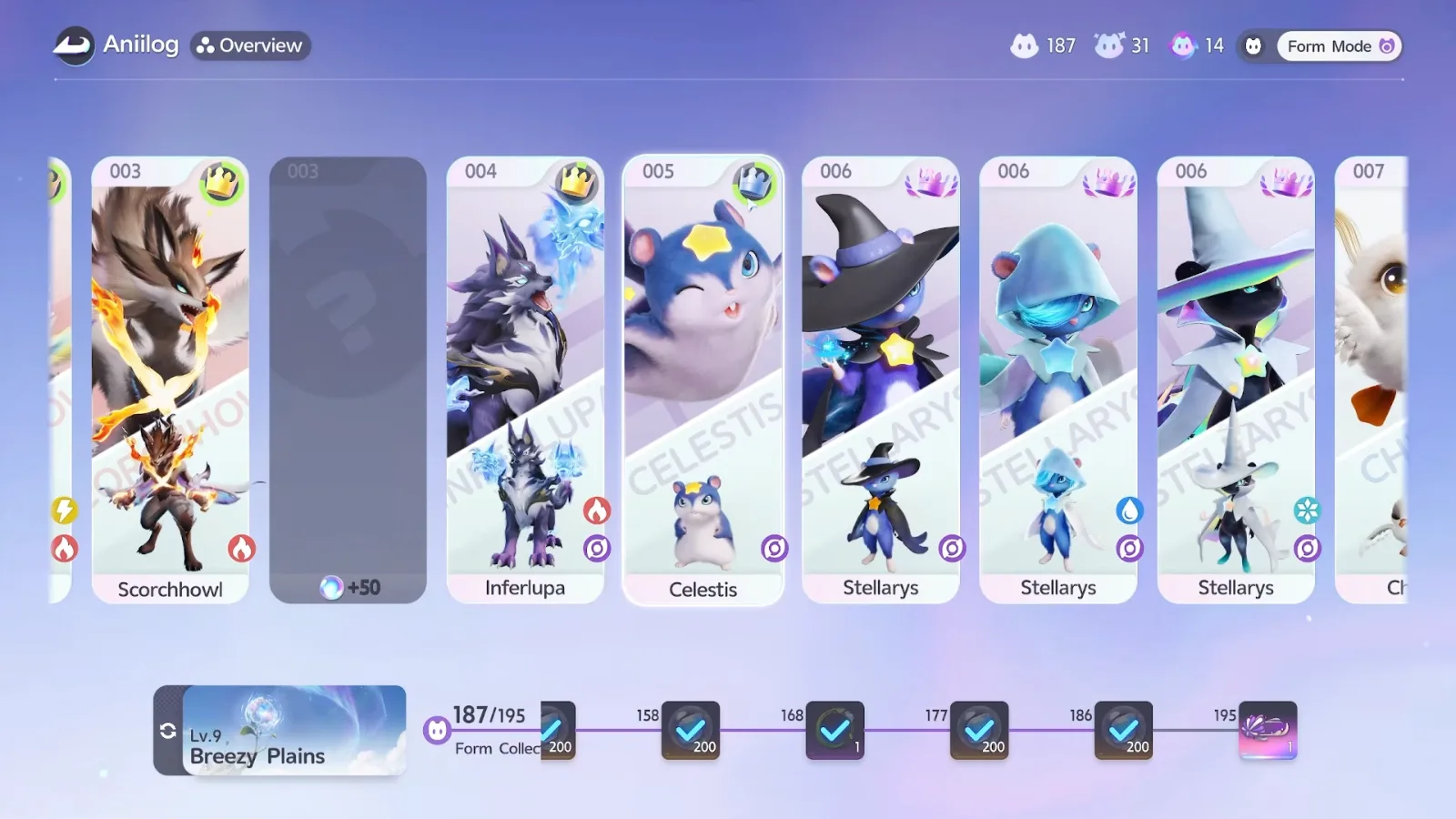 Aniimo Aniilog overview with Scorchhowl, Inferlupa, Celestis under a silver crown and three Stellarys forms under Prismatic crowns, 187/195 forms