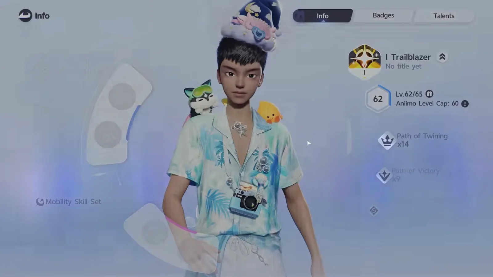 Aniimo character Info screen with the Info, Badges and Talents tabs, I Trailblazer, Lv.62/65, Path of Twining x14 and Path of Victory x9