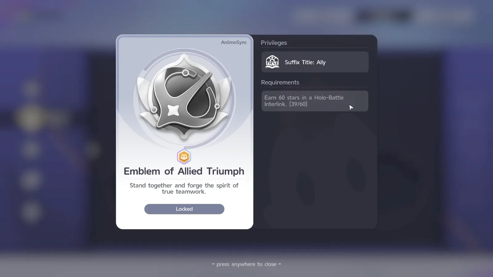 Aniimo Emblem of Allied Triumph badge card, locked: Suffix Title Ally, requirement earn 60 stars in a Holo-Battle Interlink, 39/60