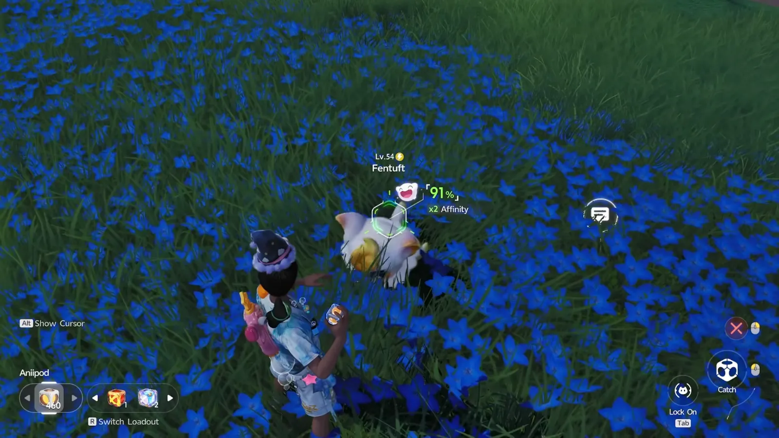 Aniimo Fentuft at Lv.54 in Driftwise Meadow showing a 91% catch chance and x2 Affinity while the player aims an Aniipod among blue flowers