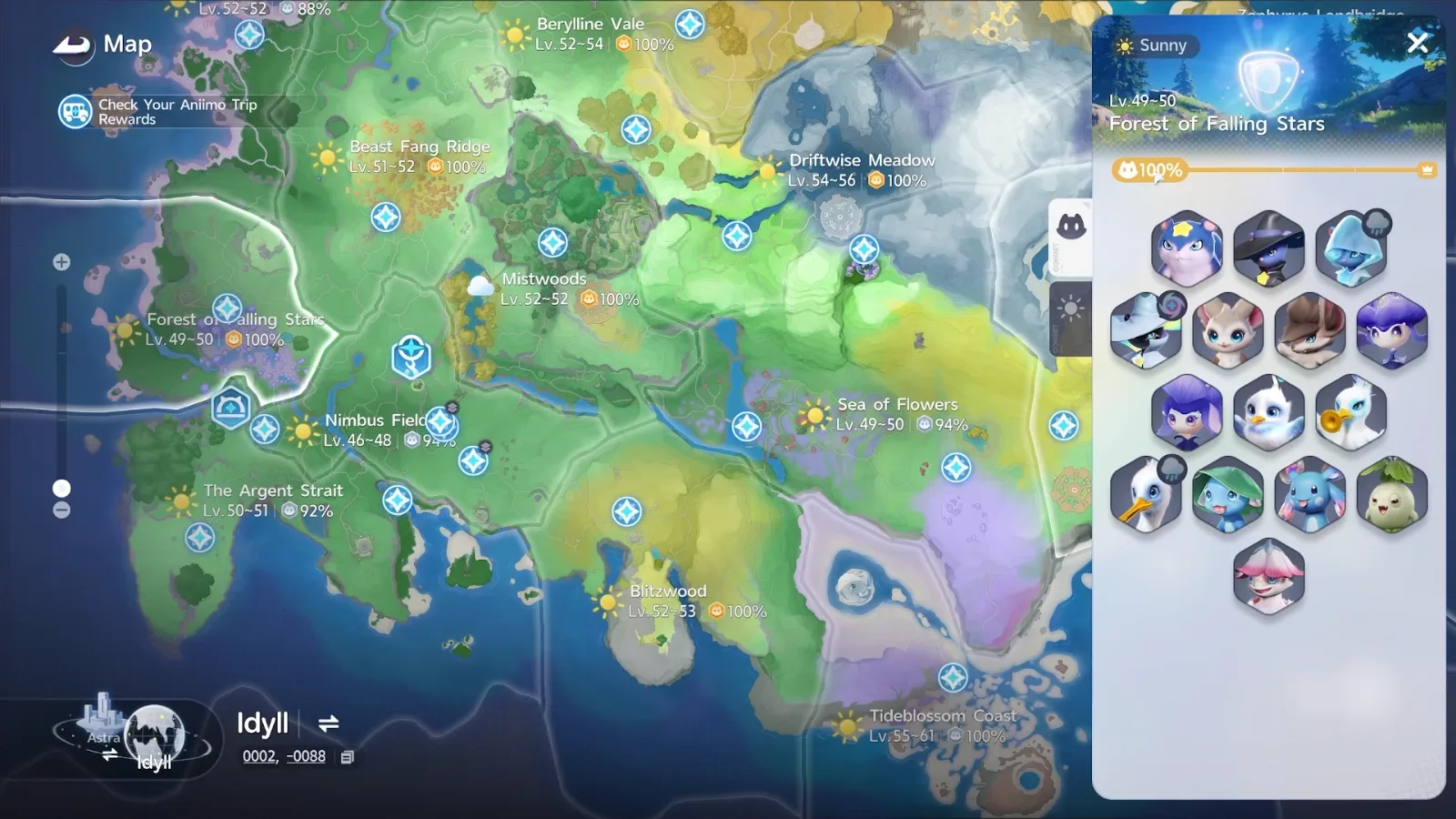 Aniimo map of Breezy Plains with the Forest of Falling Stars panel open at 100% collection, Lv.49~50, Sunny, and its Aniimo roster