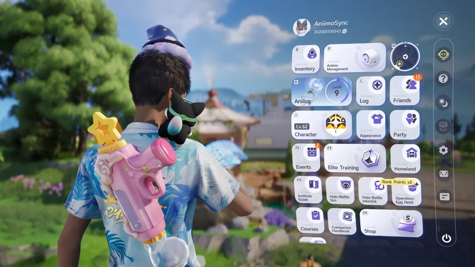 Aniimo main menu with the Character tile at Lv.62 between Aniilog and Appearance, beside Inventory, Friends, Party, Events and Elite Training