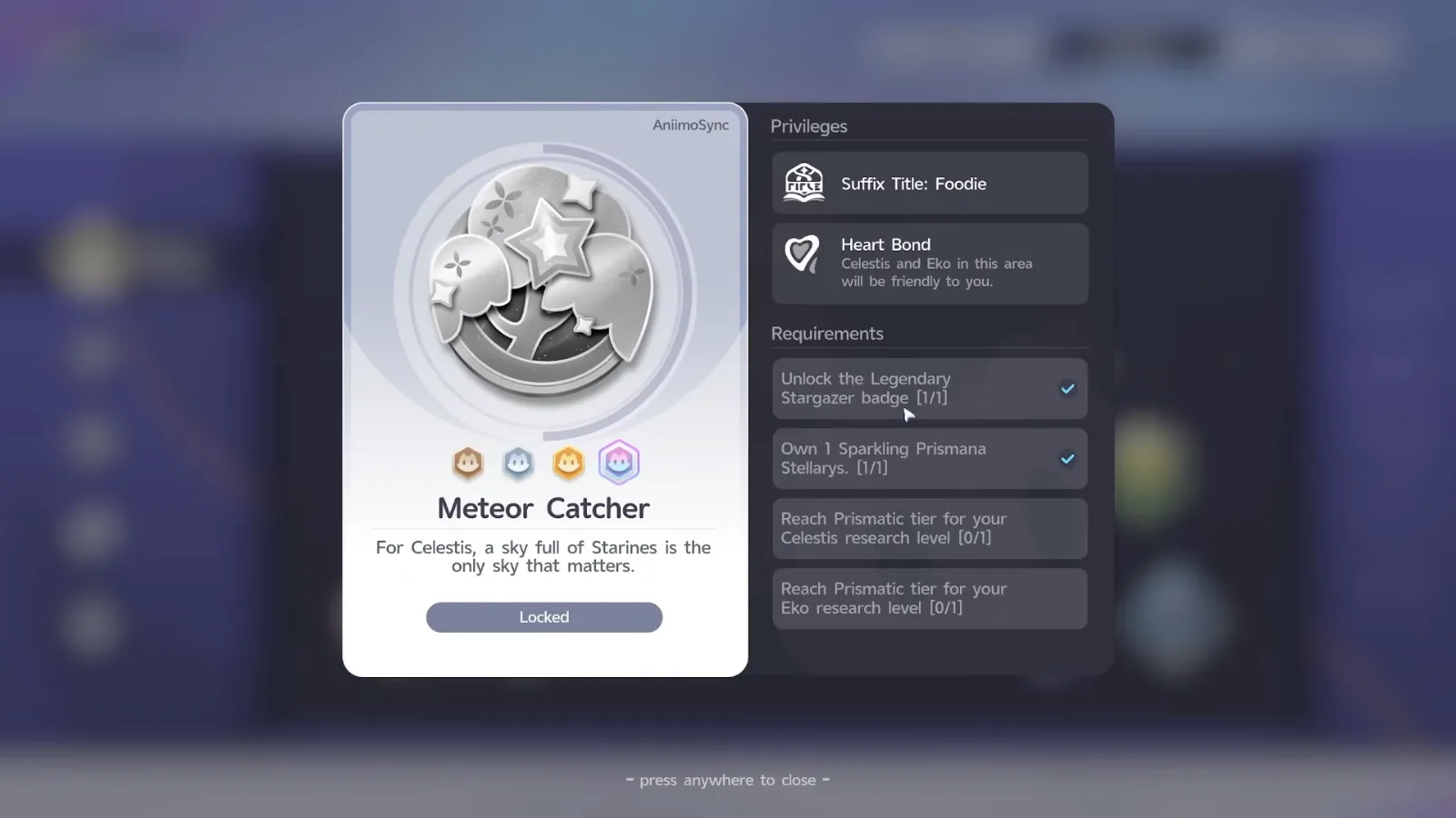 Aniimo Meteor Catcher Prismana badge card: Suffix Title Foodie, Heart Bond with Celestis and Eko, Own 1 Sparkling Prismana Stellarys, Prismatic research tier