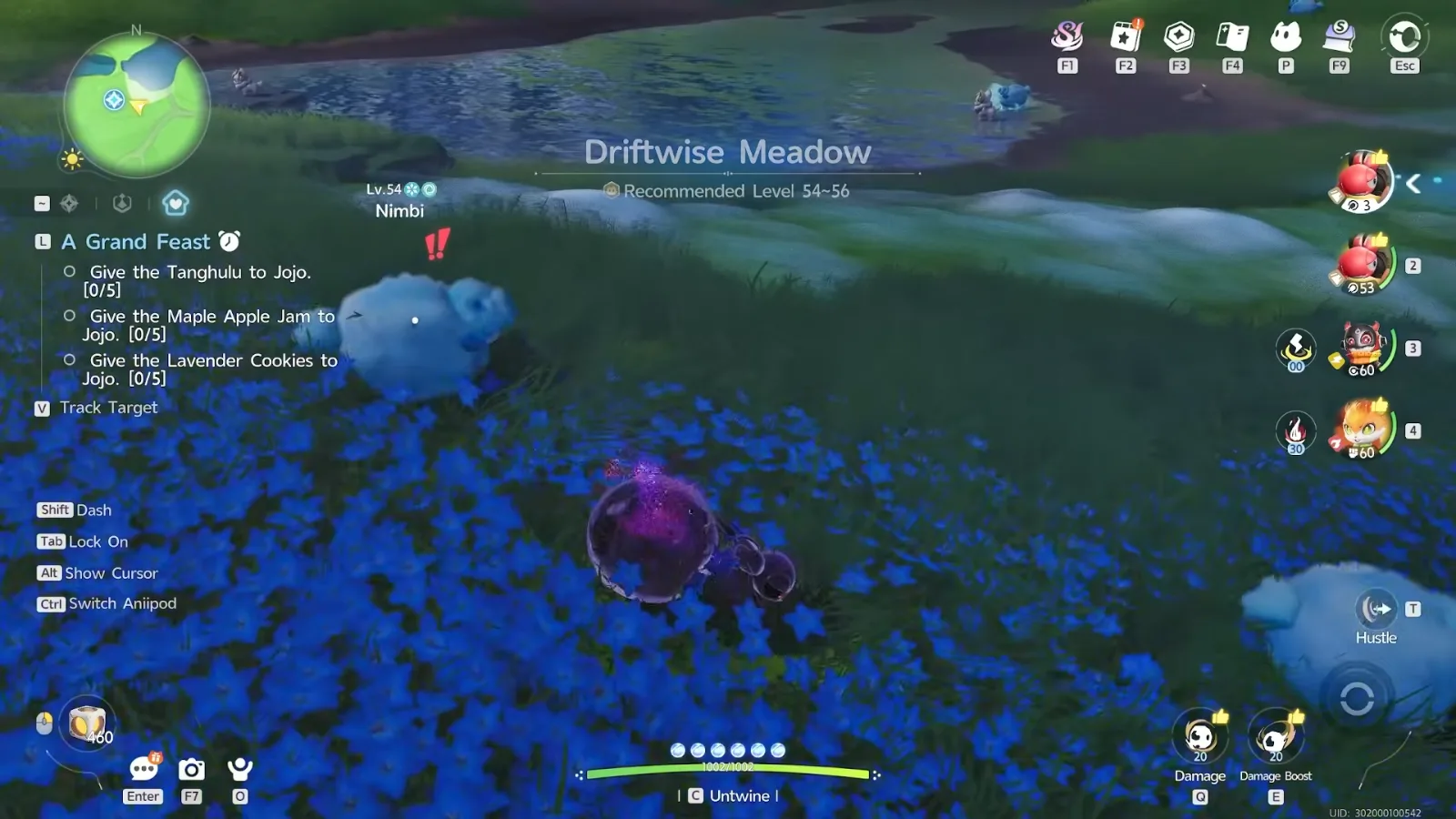 Aniimo Driftwise Meadow, recommended level 54~56, a Lv.54 Nimbi startled with a red double exclamation mark as the player approaches through blue flowers