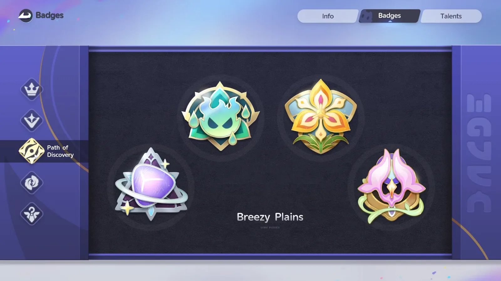 Aniimo Path of Discovery tab for Breezy Plains with four exploration badges: a green flame, a yellow flower, a violet crystal and a pink orchid
