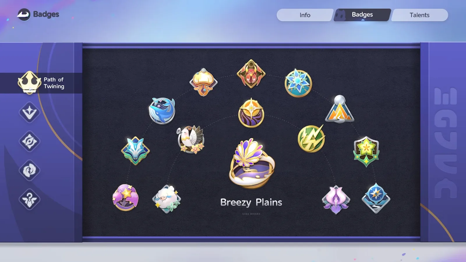 Aniimo Path of Twining badge board for Breezy Plains, fourteen regional badges in an arc around the central Windchaser medal