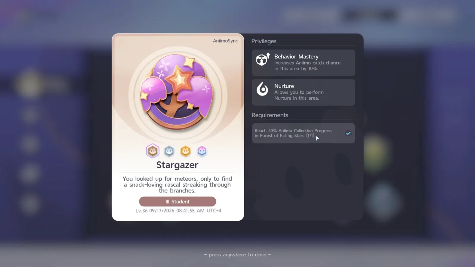 Aniimo Stargazer bronze badge card: Behavior Mastery increases catch chance by 10%, Nurture, requirement reach 40% collection in Forest of Falling Stars