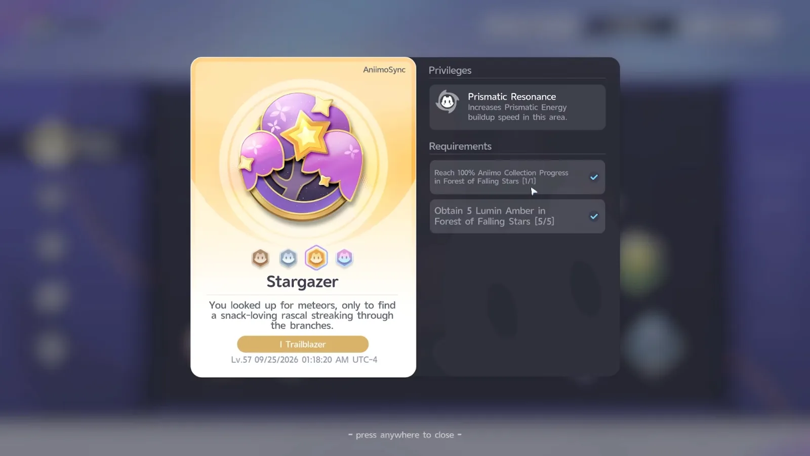 Aniimo Stargazer gold badge card: Prismatic Resonance, requirements 100% collection and Obtain 5 Lumin Amber in Forest of Falling Stars [5/5]