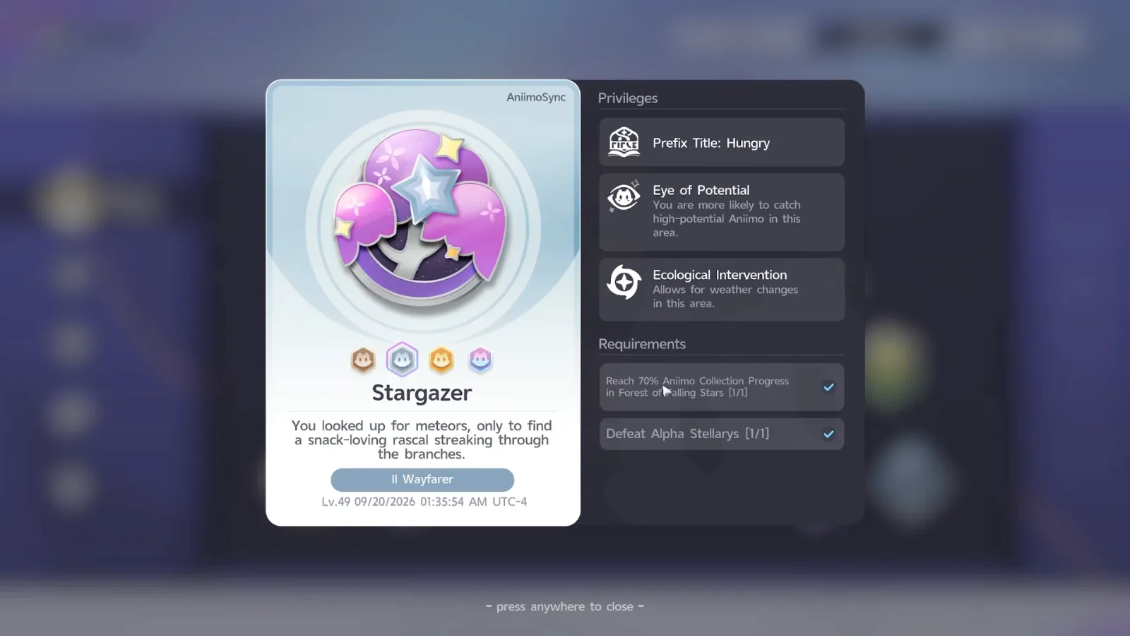 Aniimo Stargazer silver badge card: Prefix Title Hungry, Eye of Potential, Ecological Intervention, requirements 70% collection and Defeat Alpha Stellarys