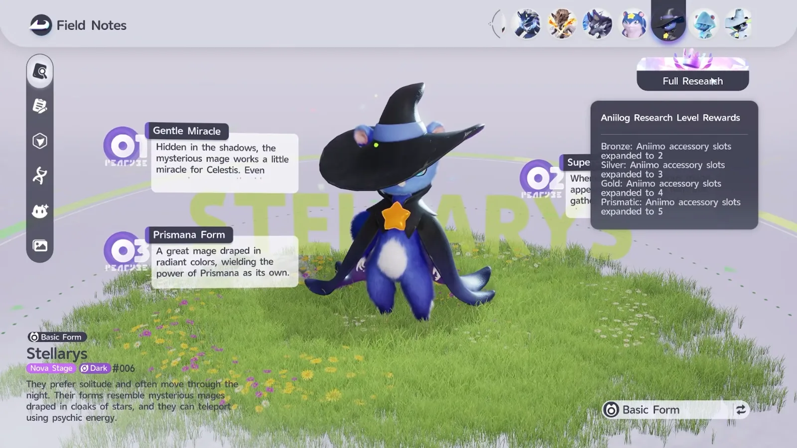 Aniimo Stellarys Field Notes marked Full Research, with the Aniilog Research Level Rewards panel: Bronze 2, Silver 3, Gold 4, Prismatic 5 accessory slots