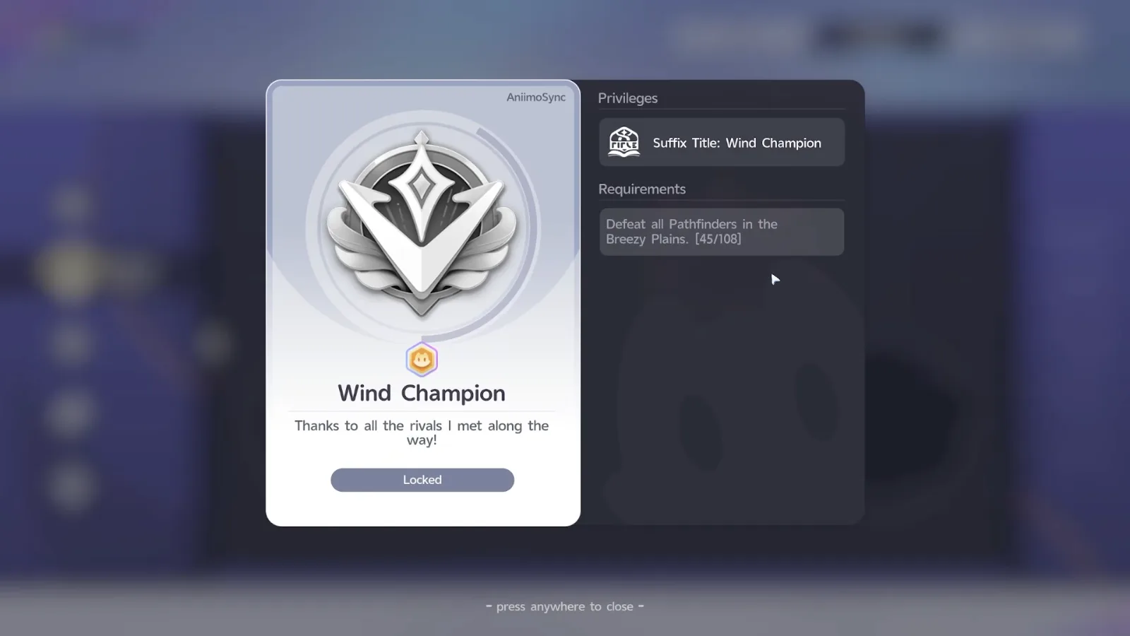 Aniimo Wind Champion badge card, locked: Suffix Title Wind Champion, requirement defeat all Pathfinders in the Breezy Plains, 45/108