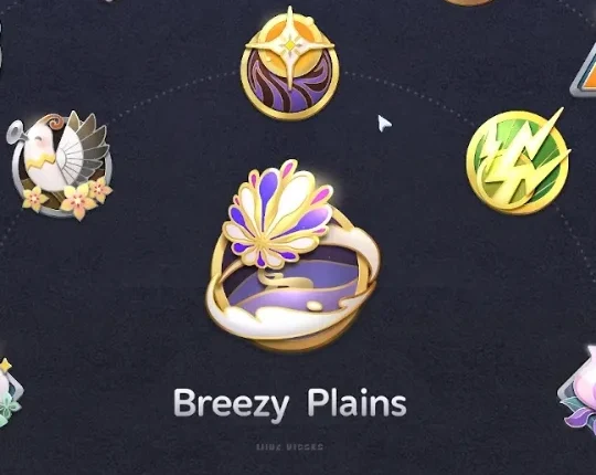 Aniimo Windchaser medal at the centre of the Path of Twining board, a gold ring with a purple and white blossom above the words Breezy Plains