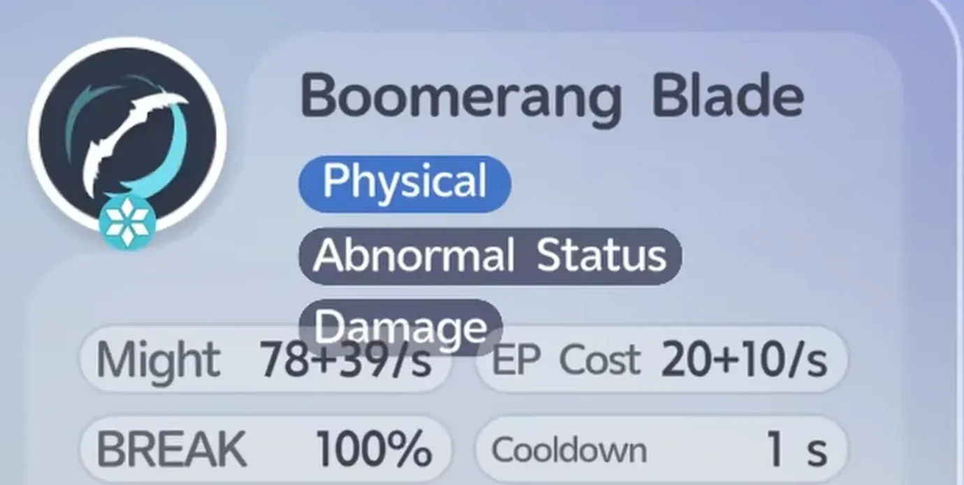 Glynsera’s Boomerang Blade skill card in Aniimo tagged Physical and Abnormal Status, Might 78 plus 39 per second
