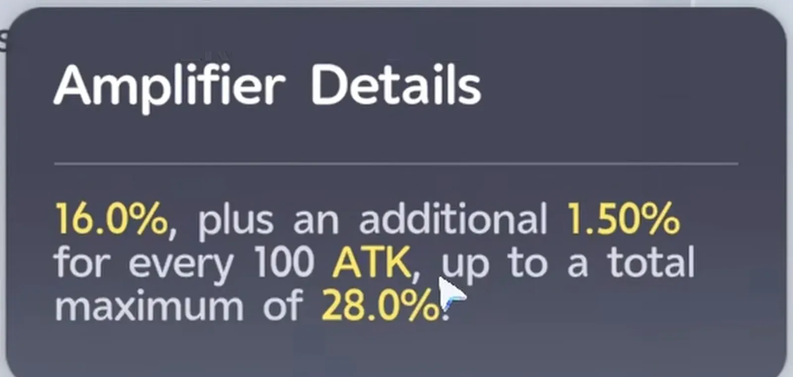Erlath’s Crazy Bubbles amplifier details in Aniimo: 16% plus 1.50% for every 100 ATK, up to a 28% maximum