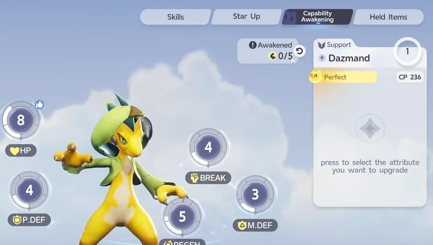 Dazmand Capability Awakening in Aniimo at level 1, Perfect and CP 236, with 0/5 awakenings and HP 8, REGEN 5
