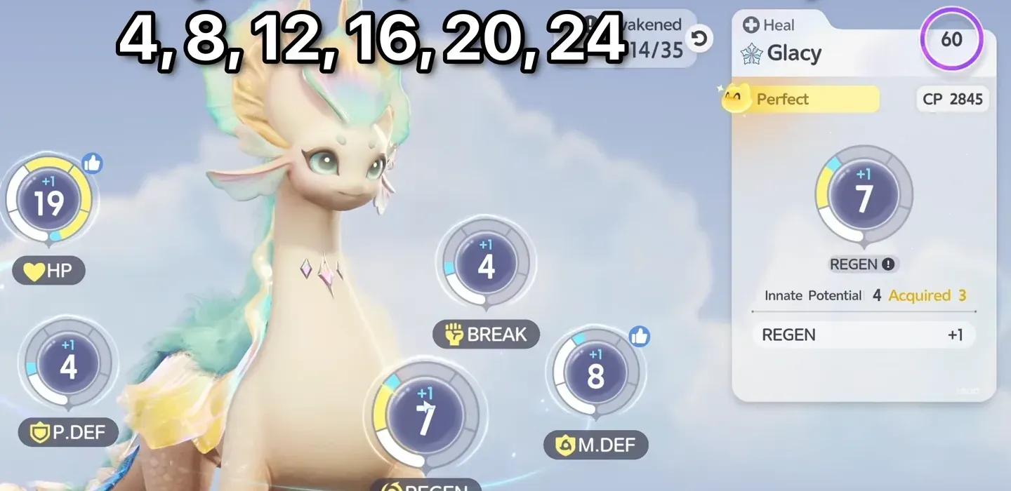 Glacy Capability Awakening in Aniimo with REGEN 7 plus 1 for the 8 breakpoint and HP 19 plus 1 for 20, at 14/35