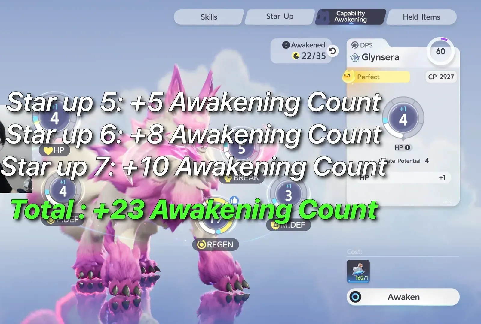 Glynsera Capability Awakening in Aniimo at Awakened 22/35, with Star Up 5, 6 and 7 adding 5, 8 and 10 awakening counts for 23 in total