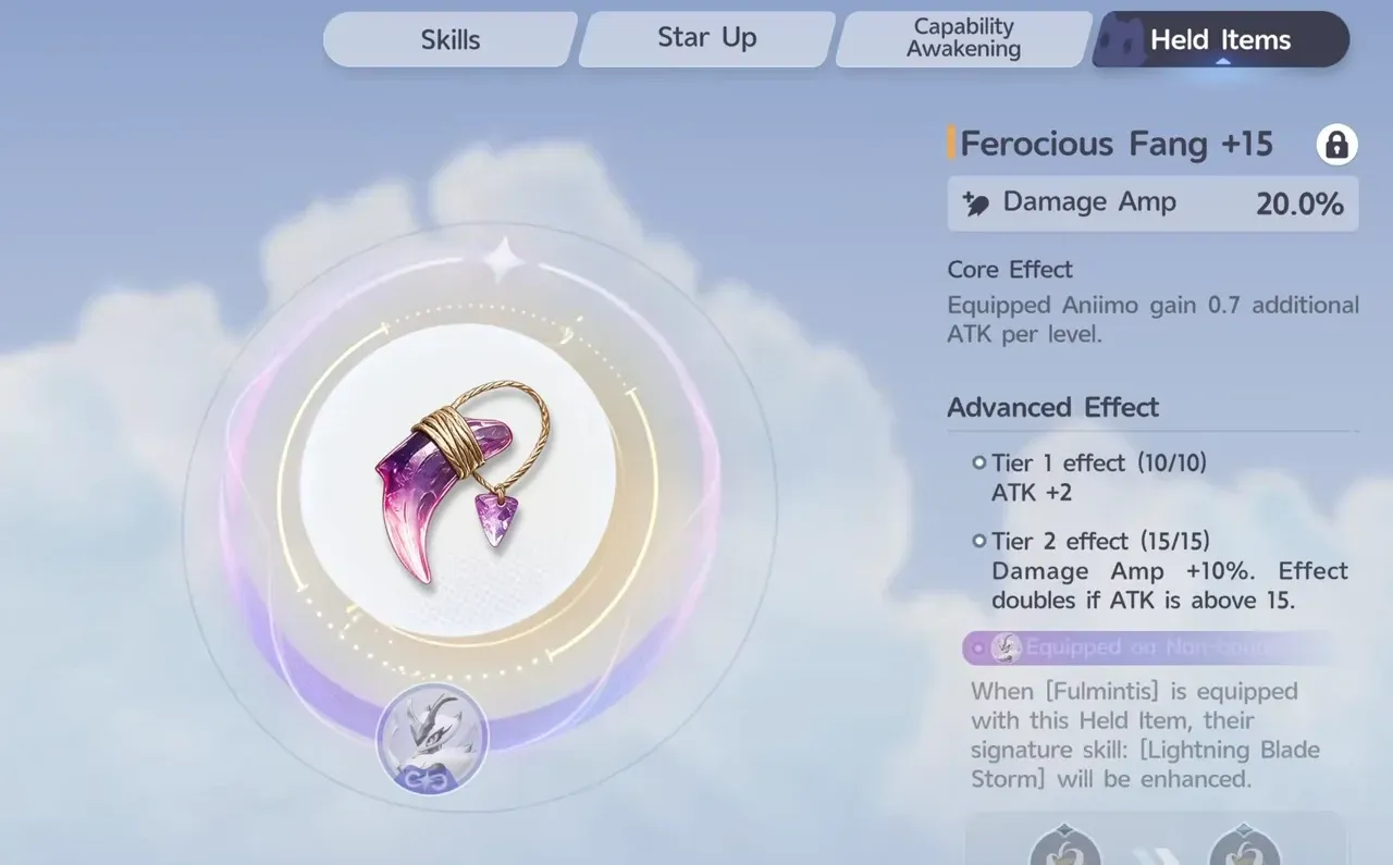 Ferocious Fang +15 held item in Aniimo with 20% Damage Amp and a Tier 2 bonus of Damage Amp +10% that doubles when ATK is above 15